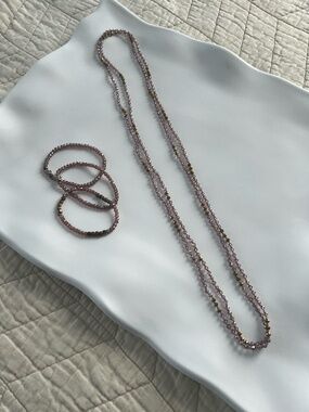Purple bead LONG necklace & 3 bracelets, matching set!